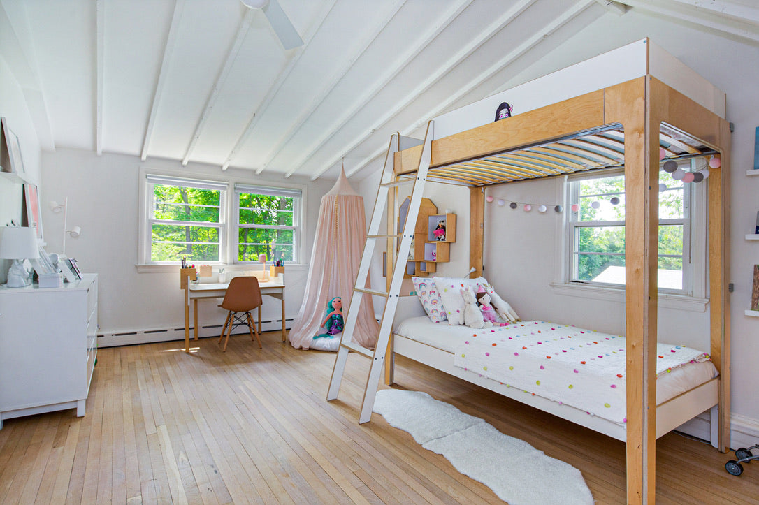 Seacord House - Full Home Reset: 
Children's bedroom with a wooden bunk bed, desk, and toys.