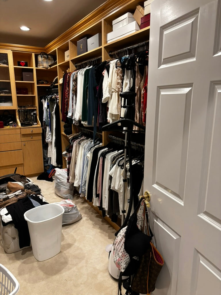 Alyssa Lane - Wardrobe Refinement: 
Closet with wooden shelves and clothes, open door revealing a well-organized space.