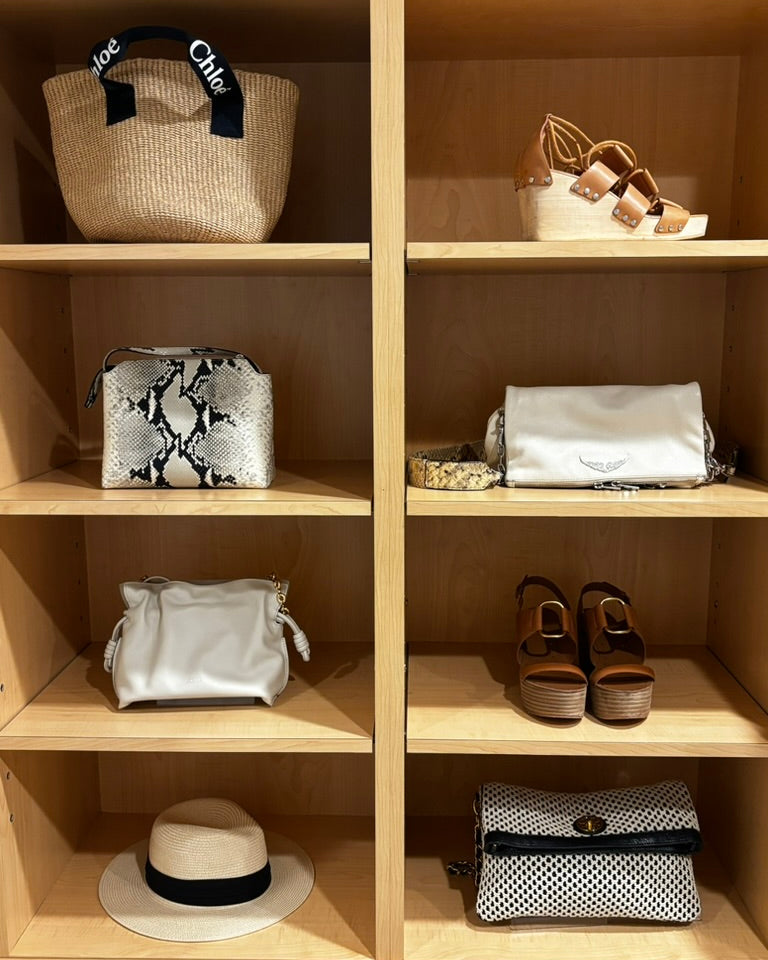 Alyssa Lane - Wardrobe Refinement: 
Shelves with various bags and shoes in a store setting