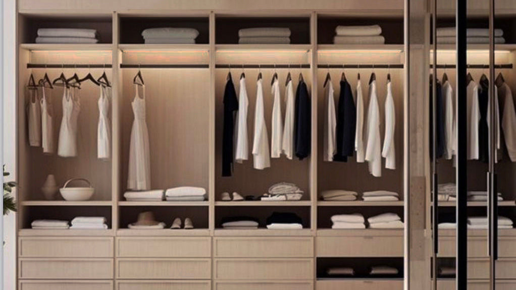 Modern walk-in closet with wooden shelves, clothes, and a bench.