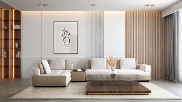 Modern living room with white sofa, wooden coffee table, and abstract art on wall.