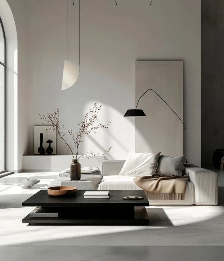 Modern living room with a white sofa, black coffee table, and minimal decor.